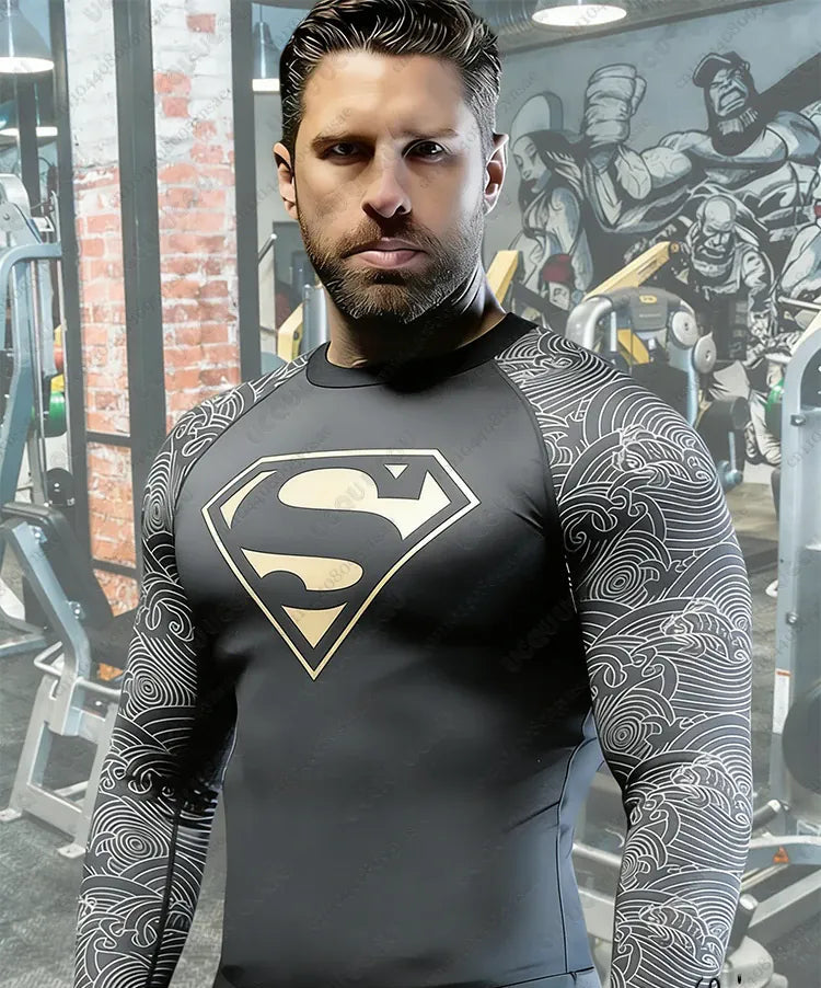 Gris Long / S T-shirt Superman Compression – Coupe Training Athlétique