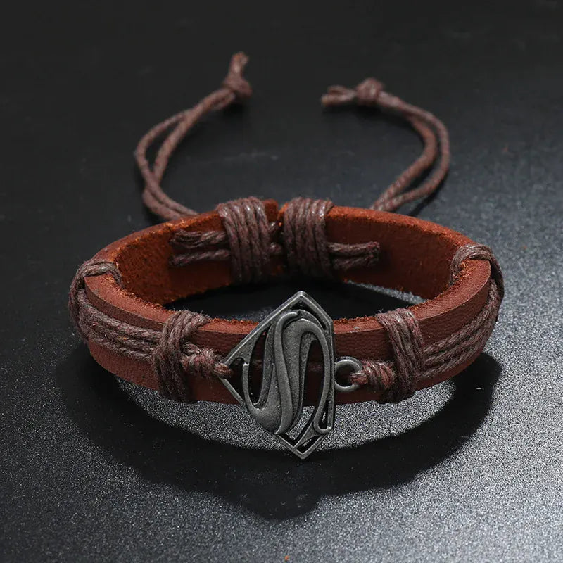 Marron Bracelet Superman – Emblème Métal & Cuir Marron Ajustable