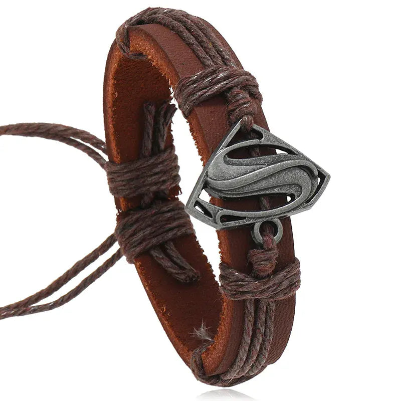 Marron Bracelet Superman – Emblème Métal & Cuir Marron Ajustable