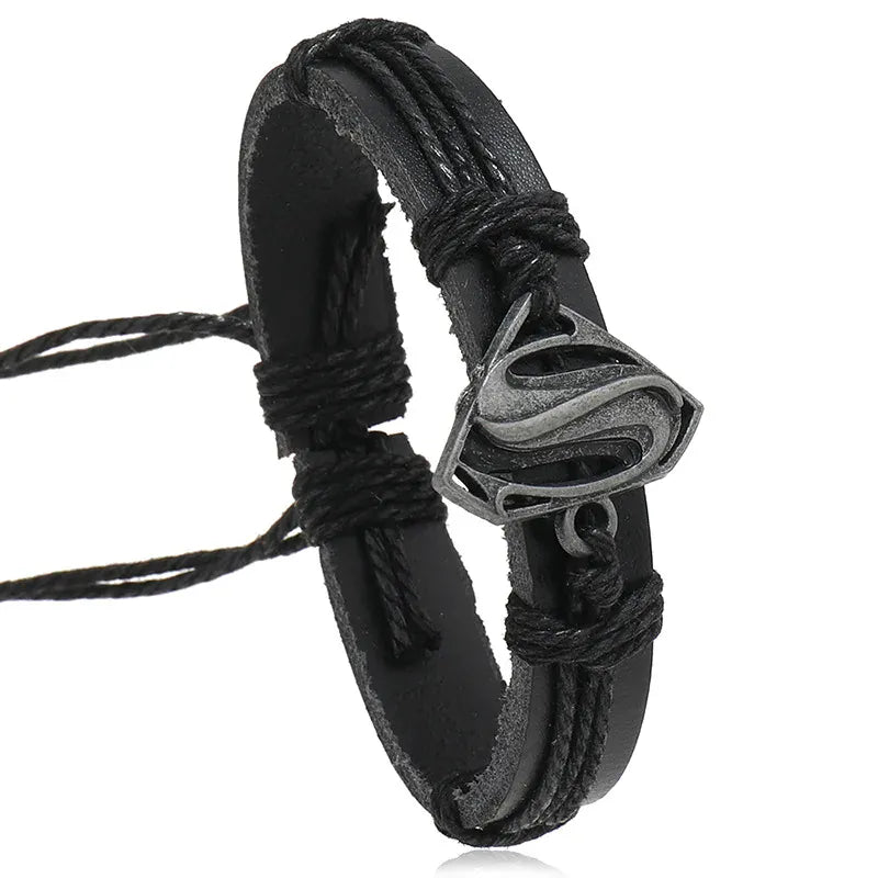 Noir Bracelet Superman – Emblème Métal & Cuir Noir Ajustable