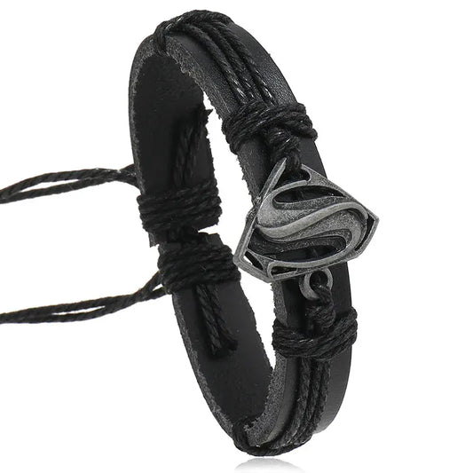 Noir Bracelet Superman – Emblème Métal & Cuir Noir Ajustable