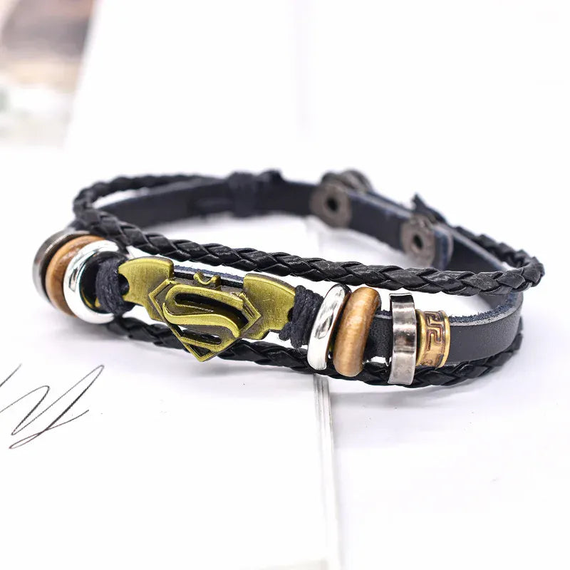 Unique Ajustable Bracelet Superman & Batman – Emblèmes Métal & Cuir Tressé Ajustable