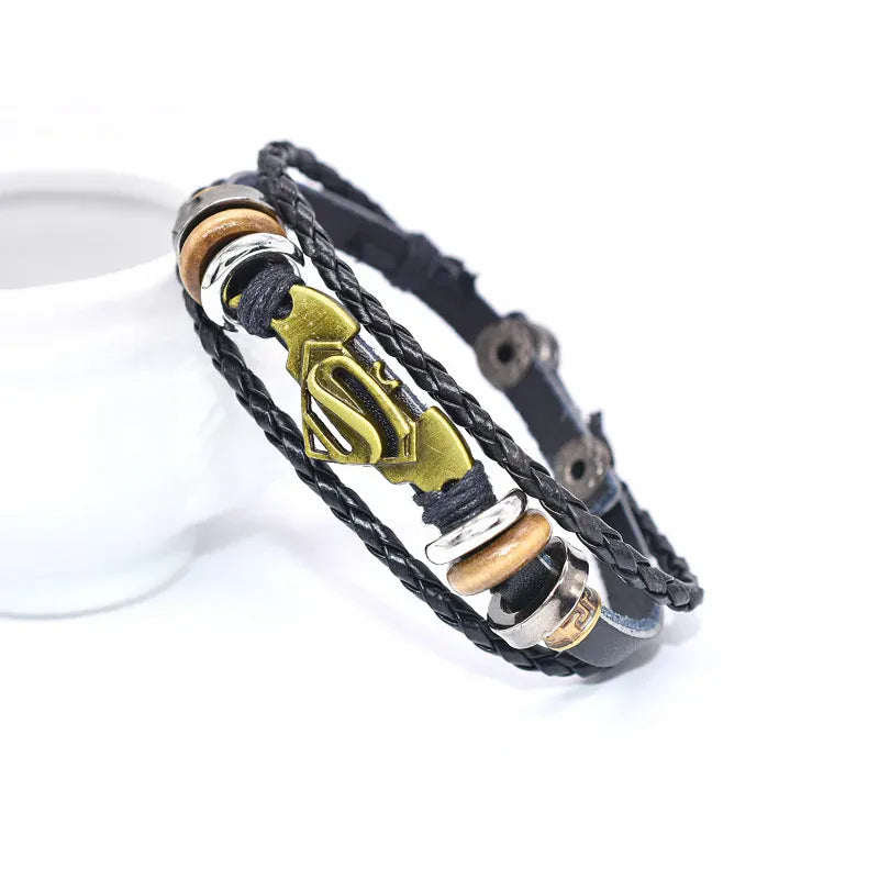 Unique Ajustable Bracelet Superman & Batman – Emblèmes Métal & Cuir Tressé Ajustable