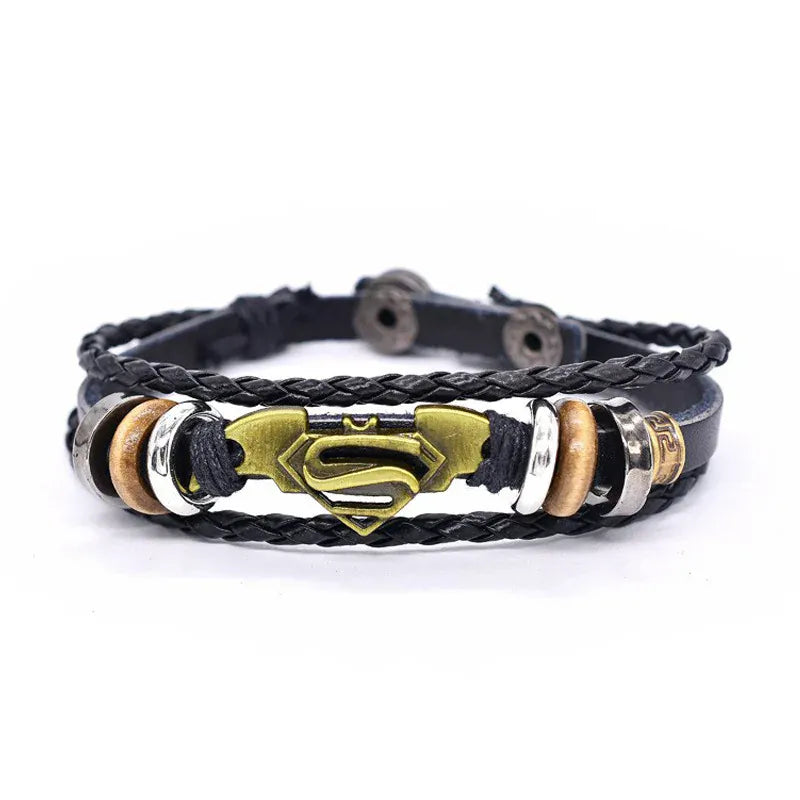 Unique Ajustable Bracelet Superman & Batman – Emblèmes Métal & Cuir Tressé Ajustable
